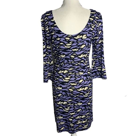 Diane Von Furstenberg Silk Sheath Dress 10 Purple Bell Sleeve Scoop Neck - Picture 4 of 6